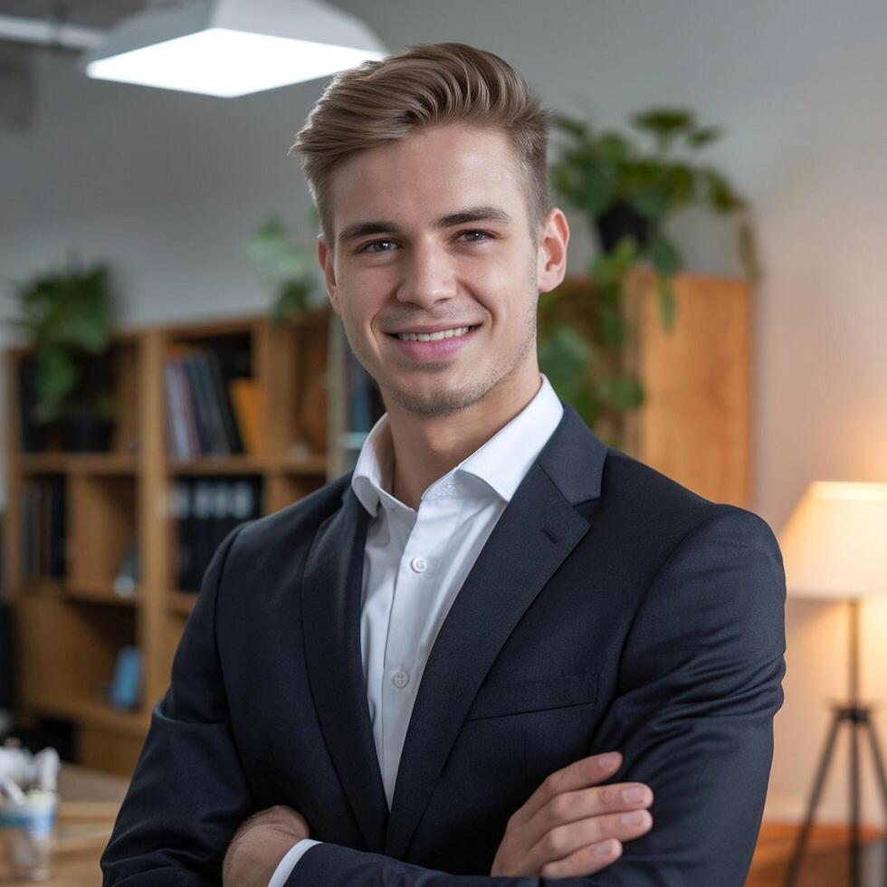 A young man in a suit standing in front of a desk photo