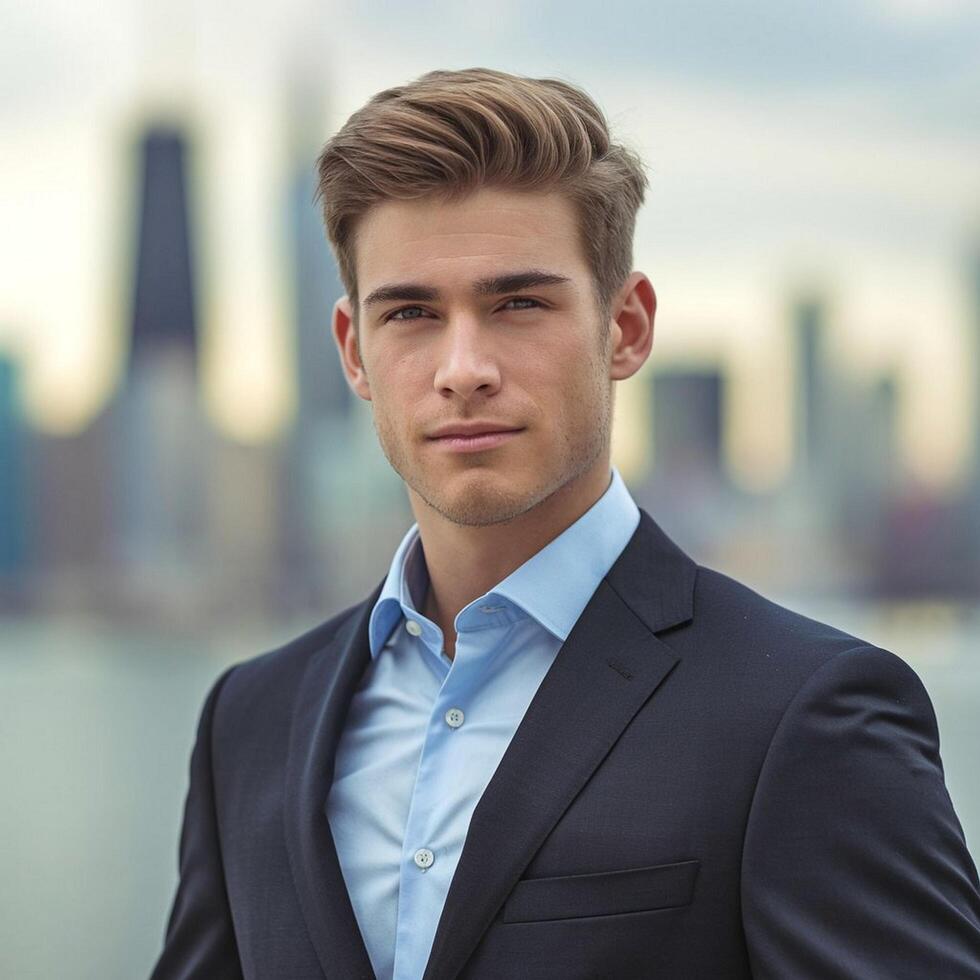 A man in a suit standing in front of a city photo