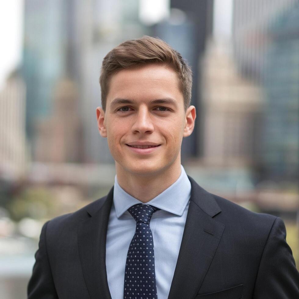 A young man in a suit and tie standing in front of a cityscape photo