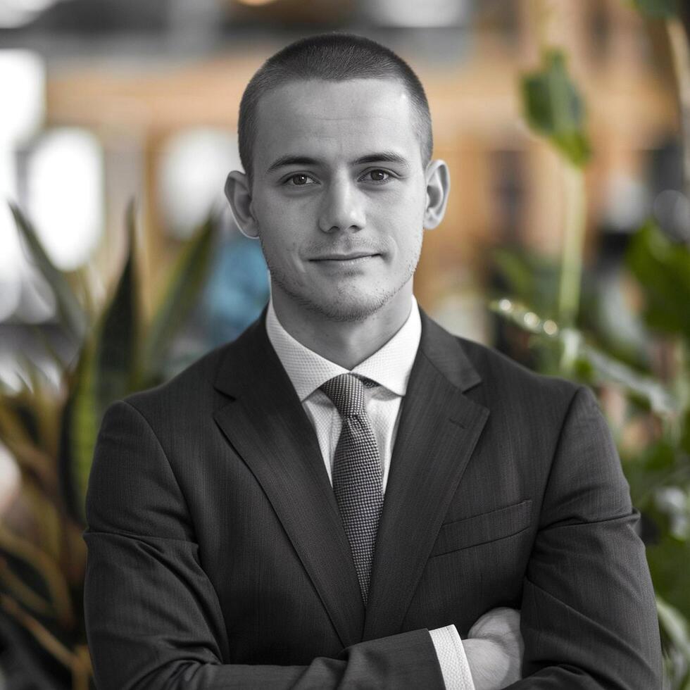 A man in a suit and tie standing in front of plants photo
