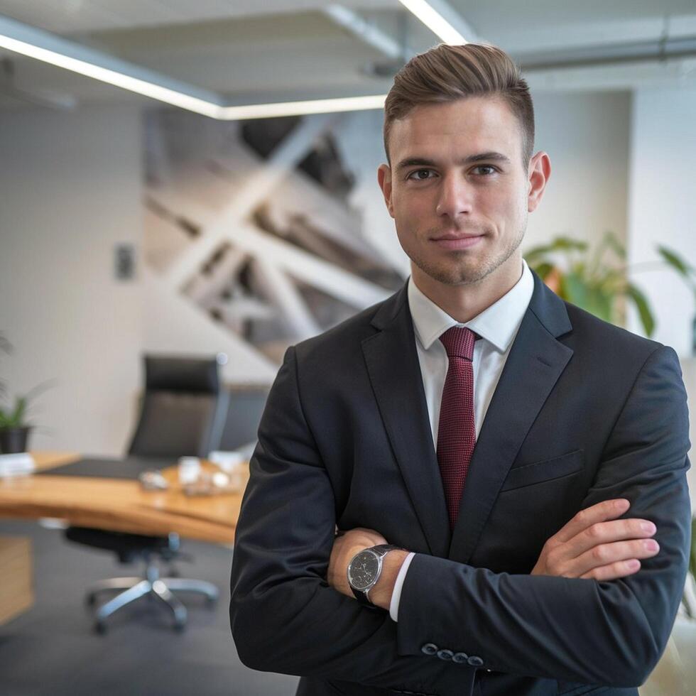A man in a suit and tie standing in an office photo