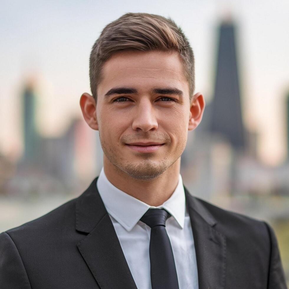 Young man in suit and tie in front of city skyline photo