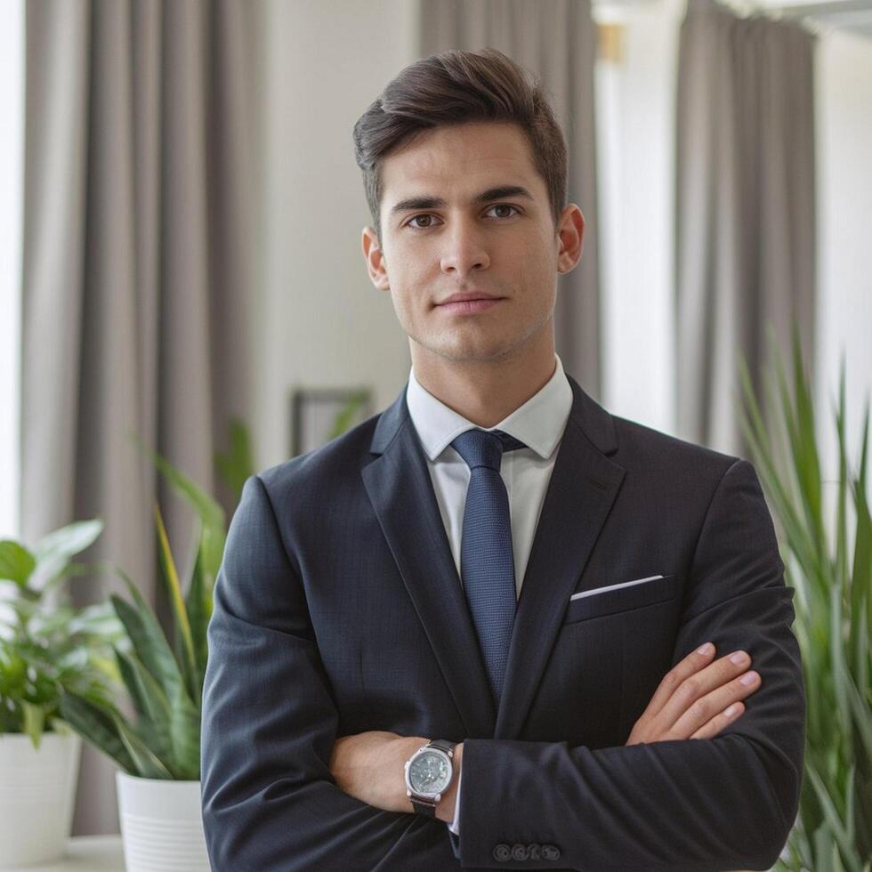 A man in a suit and tie standing in front of a plant photo