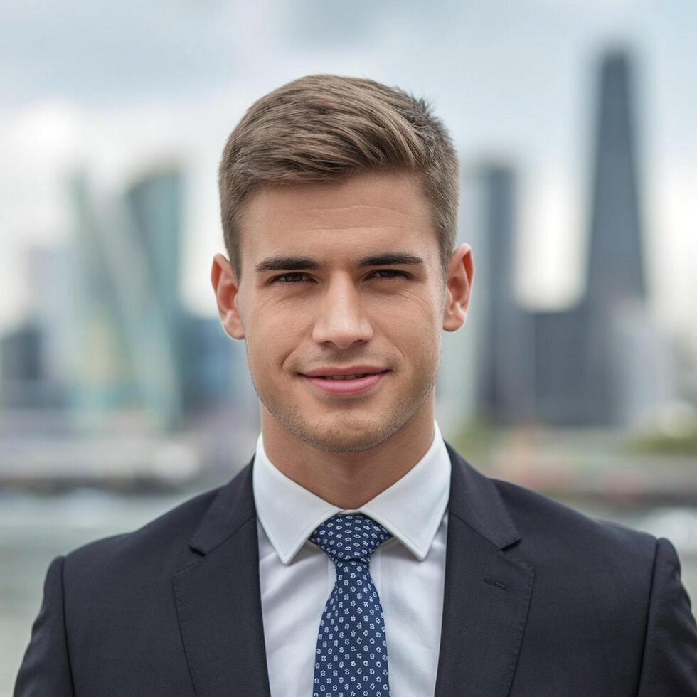 A young man in a suit and tie standing in front of a city skyline photo