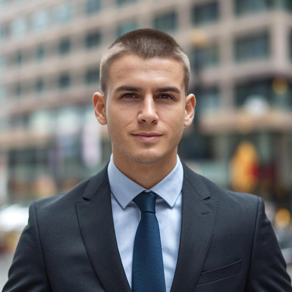 A young man in a suit and tie standing in front of a building photo