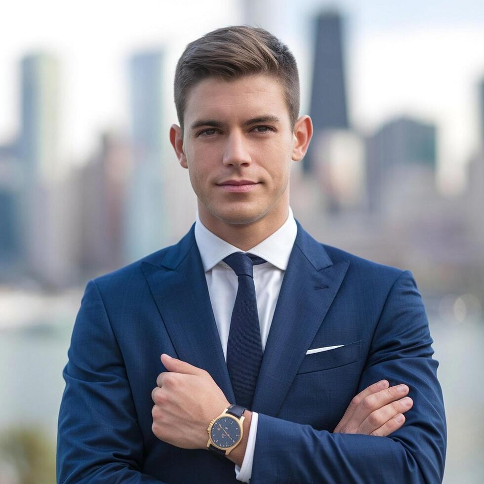 A man in a suit and tie standing in front of a city photo