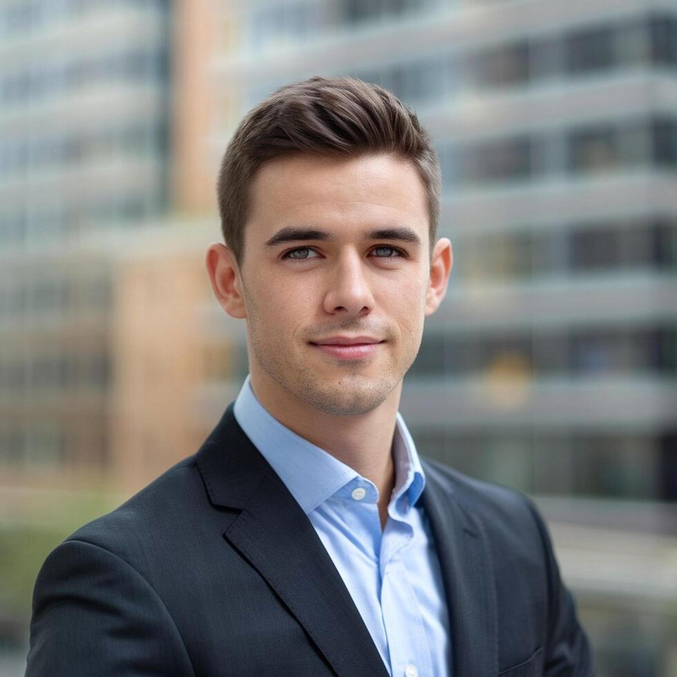 A young man in a suit and blue shirt photo