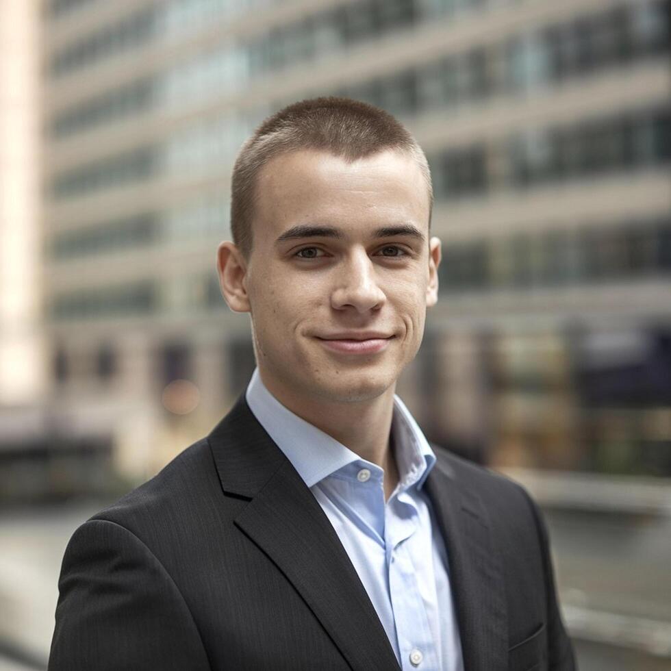 A young man in a suit and tie standing in front of a building photo