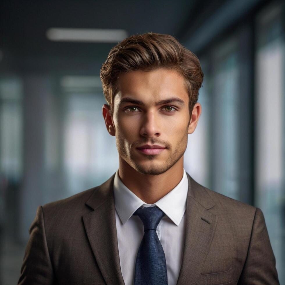 A man in a suit and tie standing in an office photo