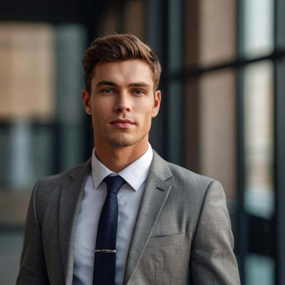 A man in a suit and tie standing in front of a window photo
