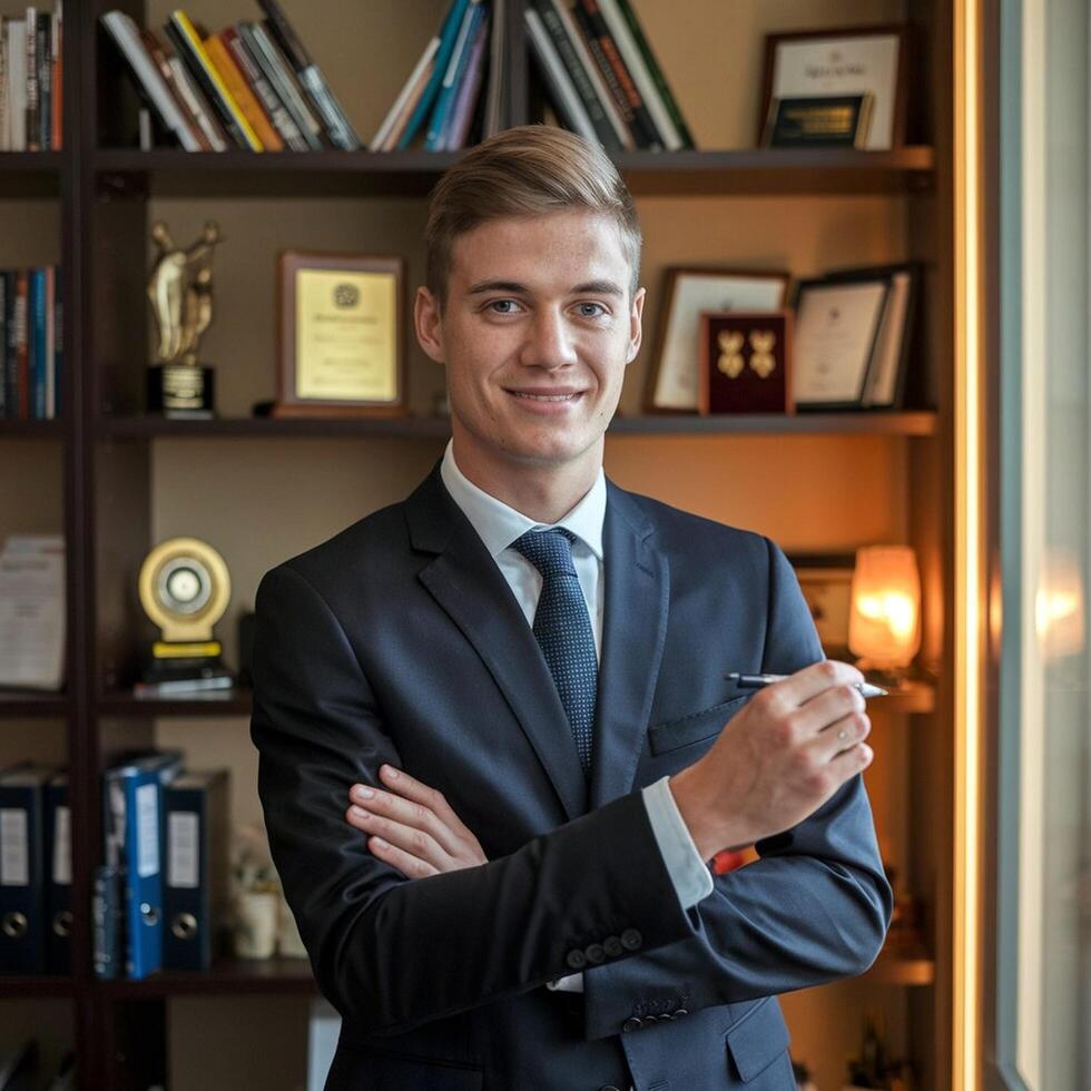 A man in a suit and tie standing in front of a book shelf photo