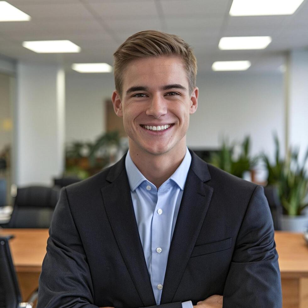 A young man in a suit and tie standing in an office photo