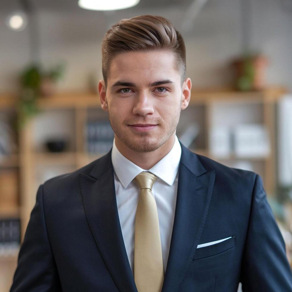 A man in a suit and tie standing in front of a desk photo