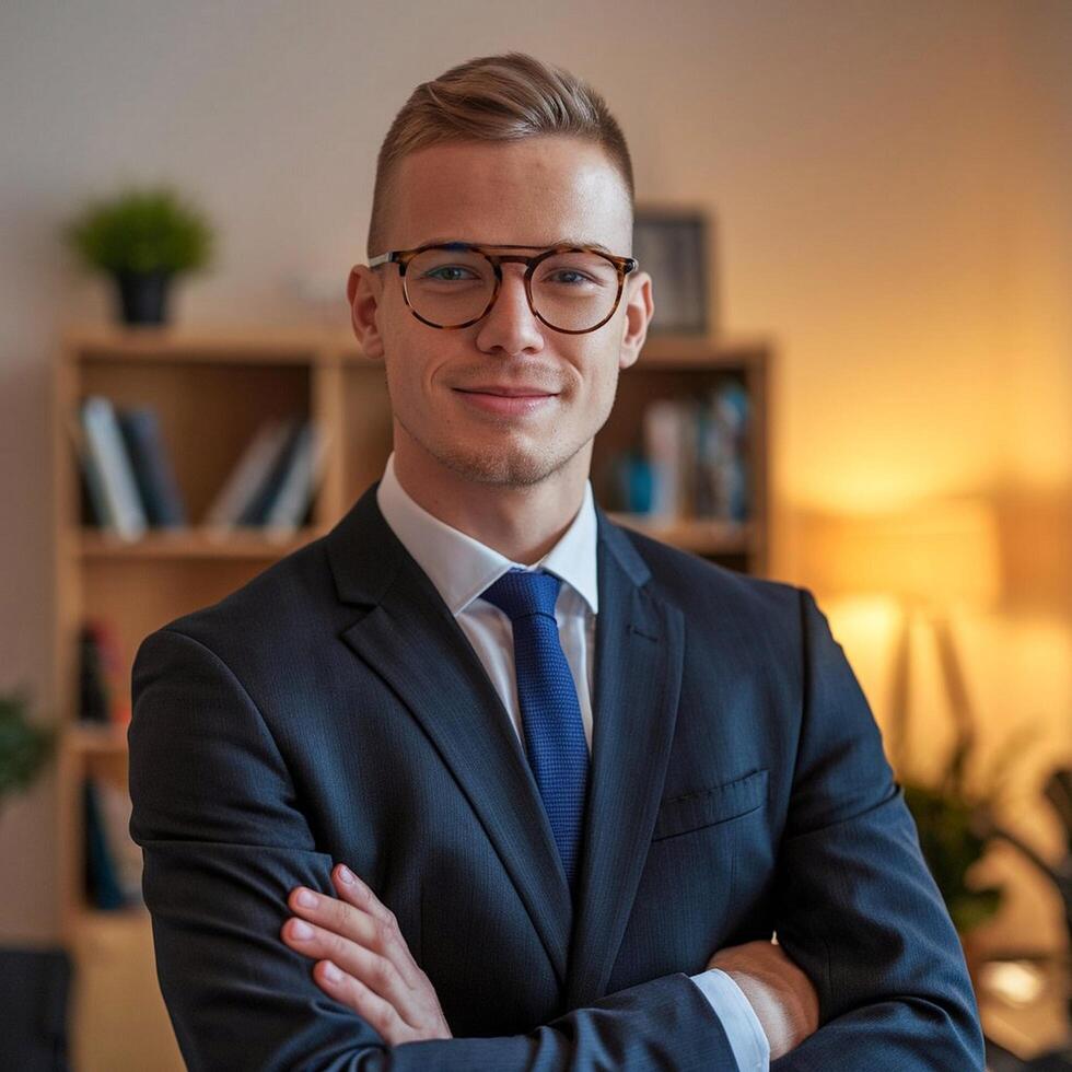 A man in glasses and a suit standing in front of a bookcase photo
