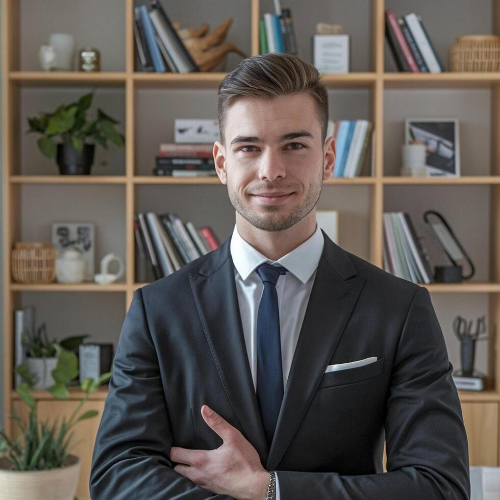 A man in a suit and tie standing in front of a book shelf photo