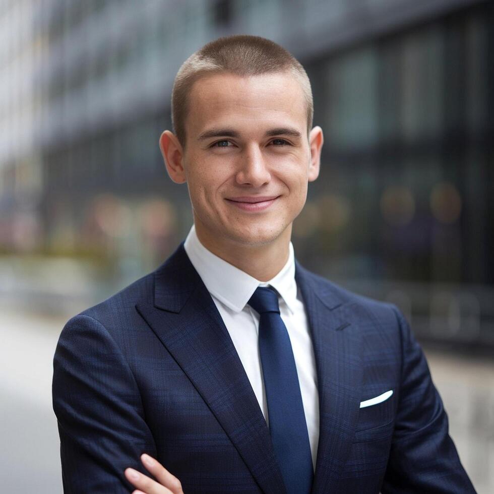 A young man in a suit and tie standing in front of a building photo