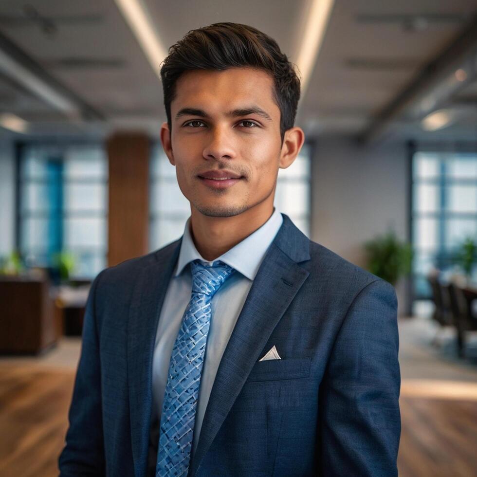A young man in a suit and tie standing in an office photo