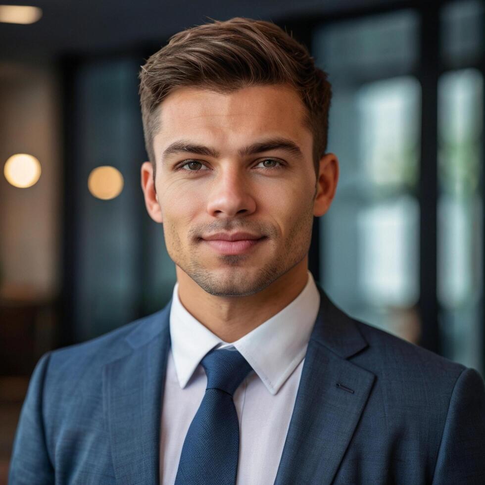 A man in a suit and tie standing in front of a window photo