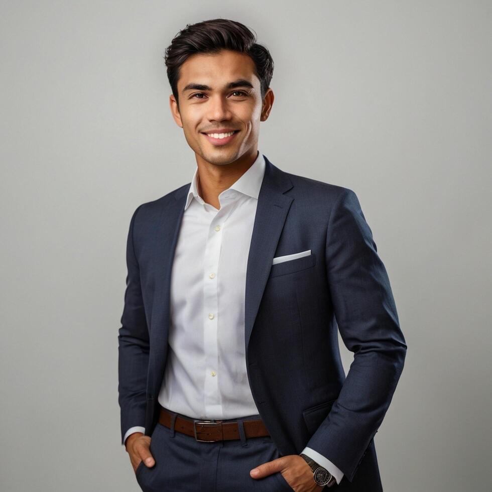 Portrait of a young asian businessman with his hands in his pockets photo