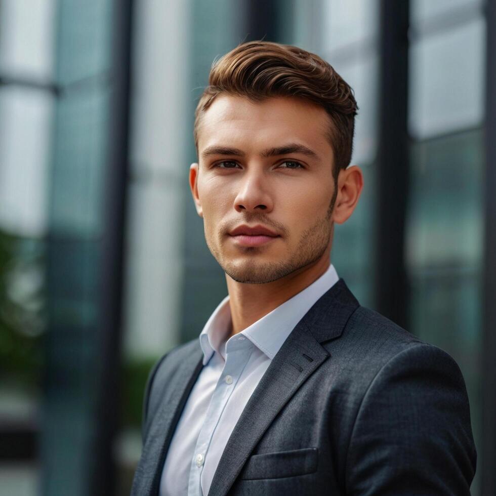 A young man in a suit standing in front of a building photo