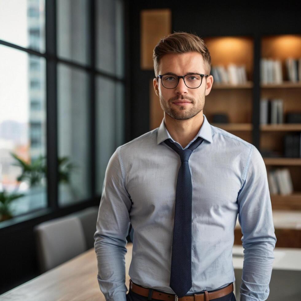A man in glasses and a shirt standing in front of a window photo