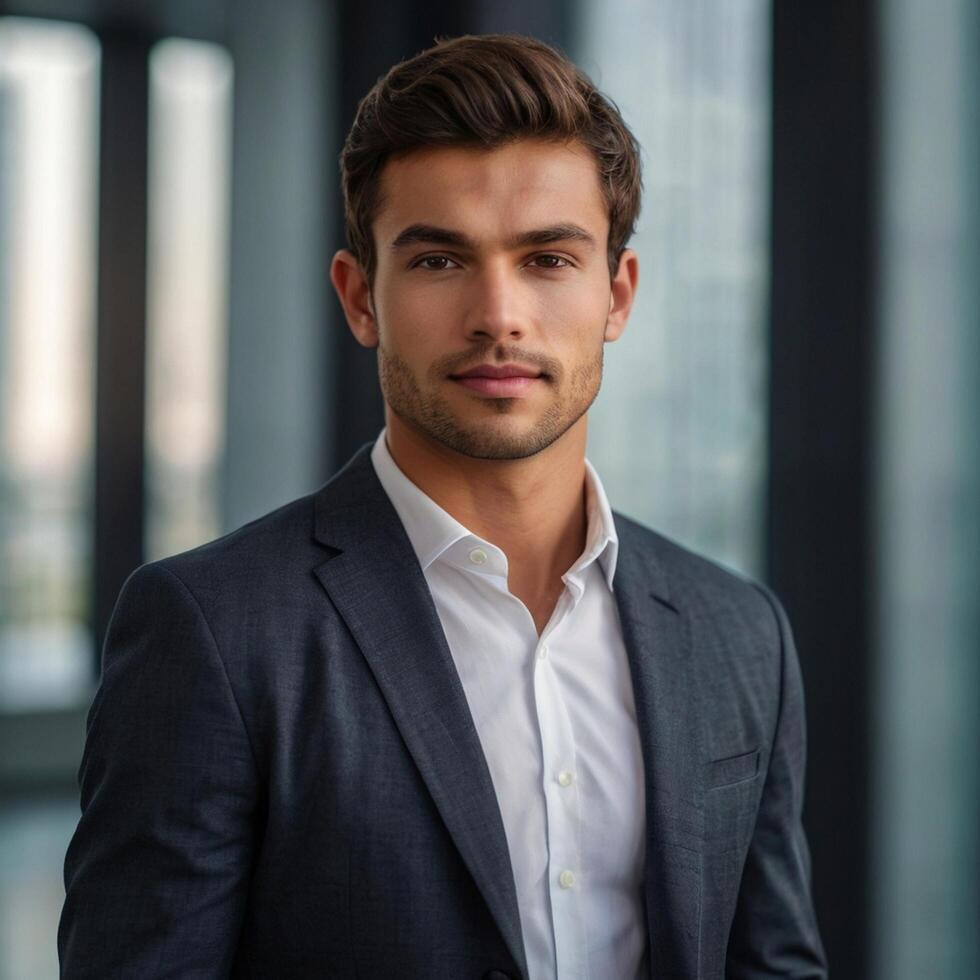 A young man in a suit standing in front of a window photo