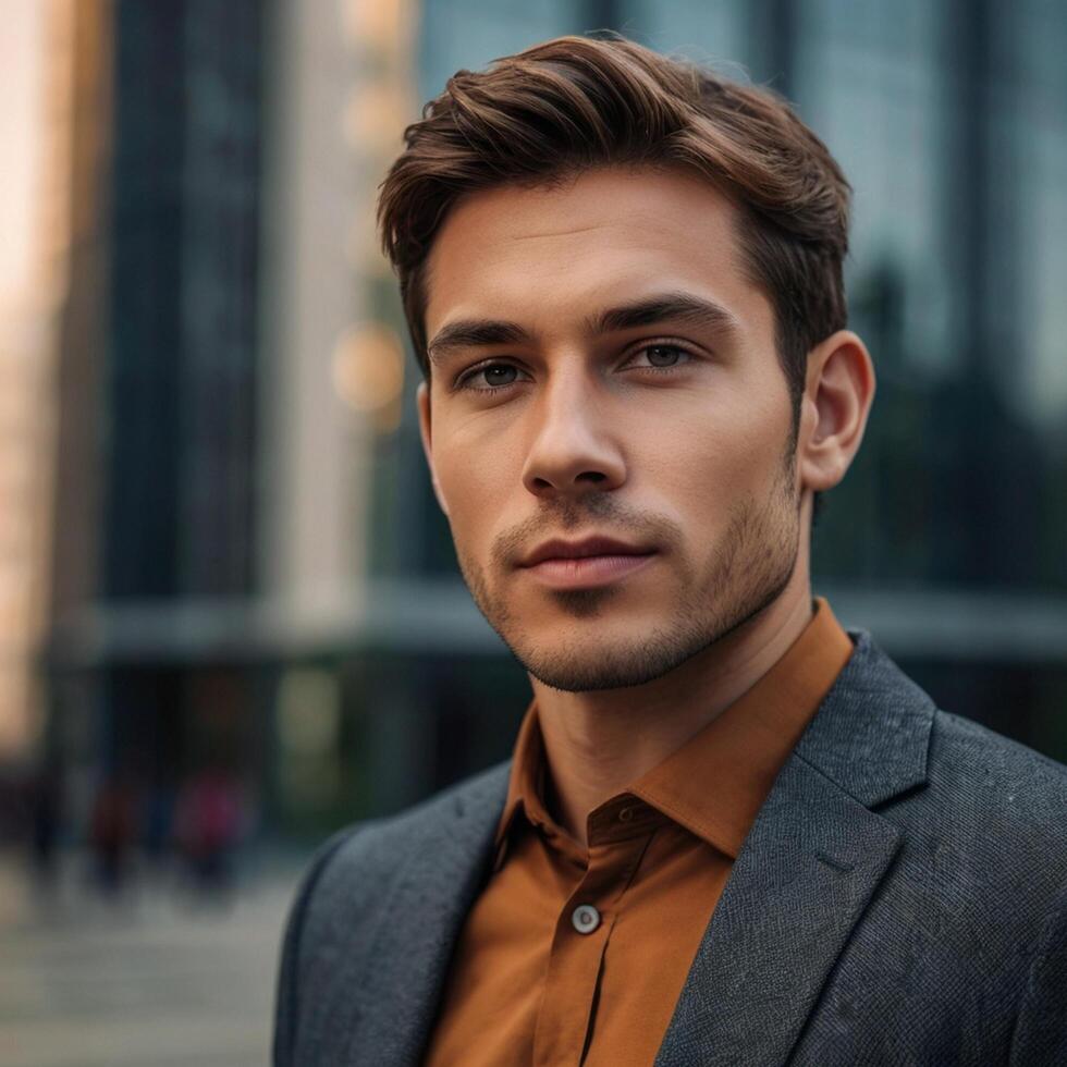 A man in a suit and shirt standing in front of a building photo