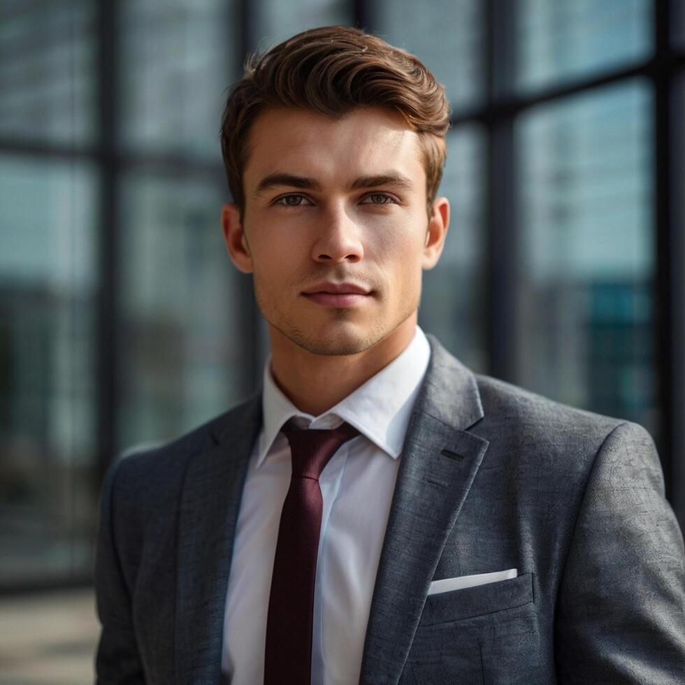 A man in a suit and tie standing in front of a building photo
