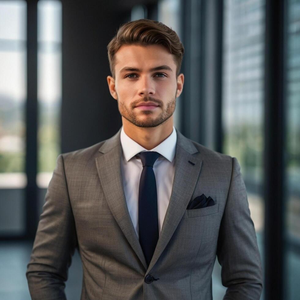 A man in a suit standing in front of a window photo