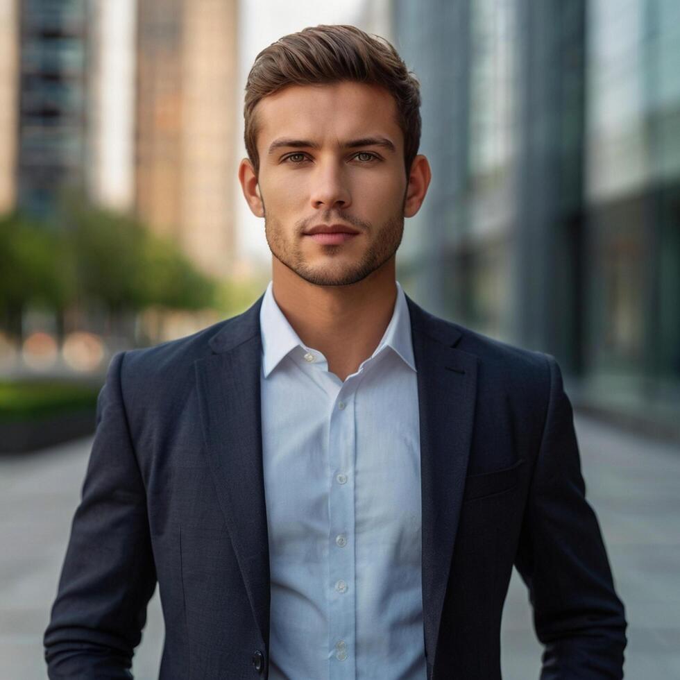 A young man in a suit standing in front of a building photo