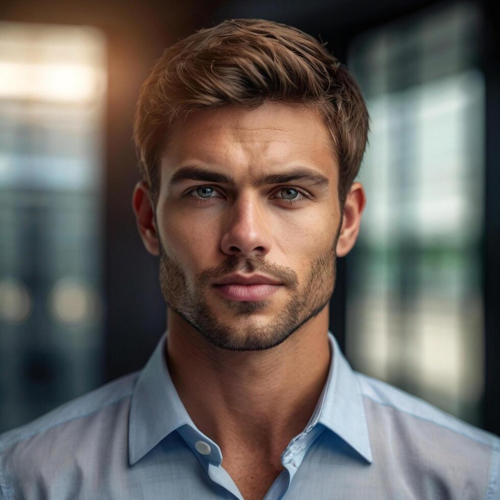 A man in a blue shirt looking at the camera photo