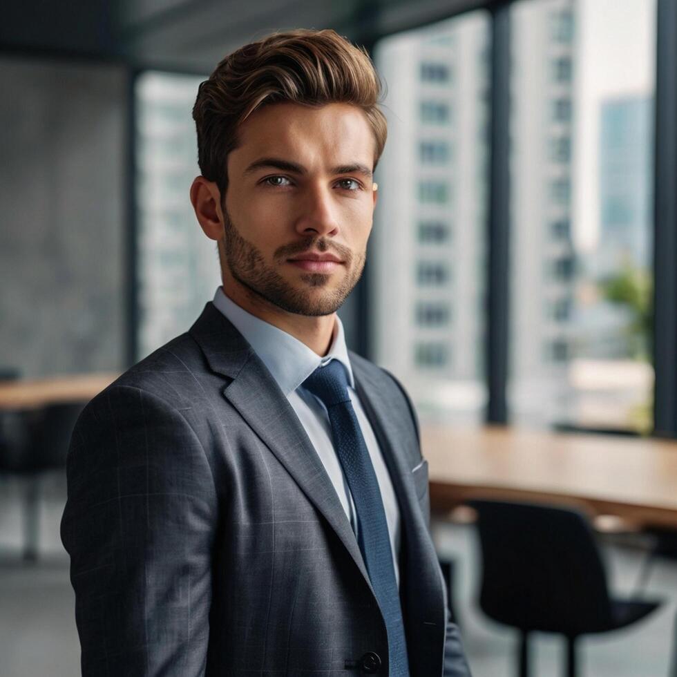 A man in a suit standing in front of a window photo