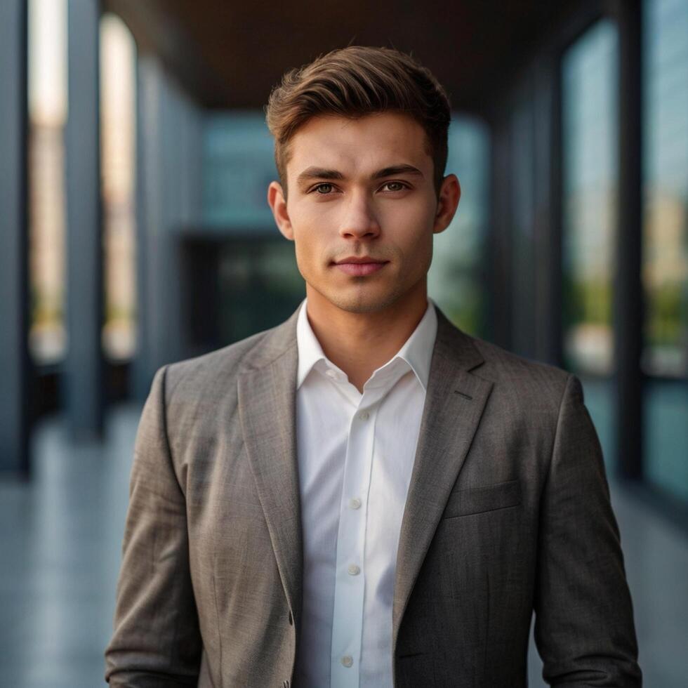 A young man in a suit standing in front of a building photo