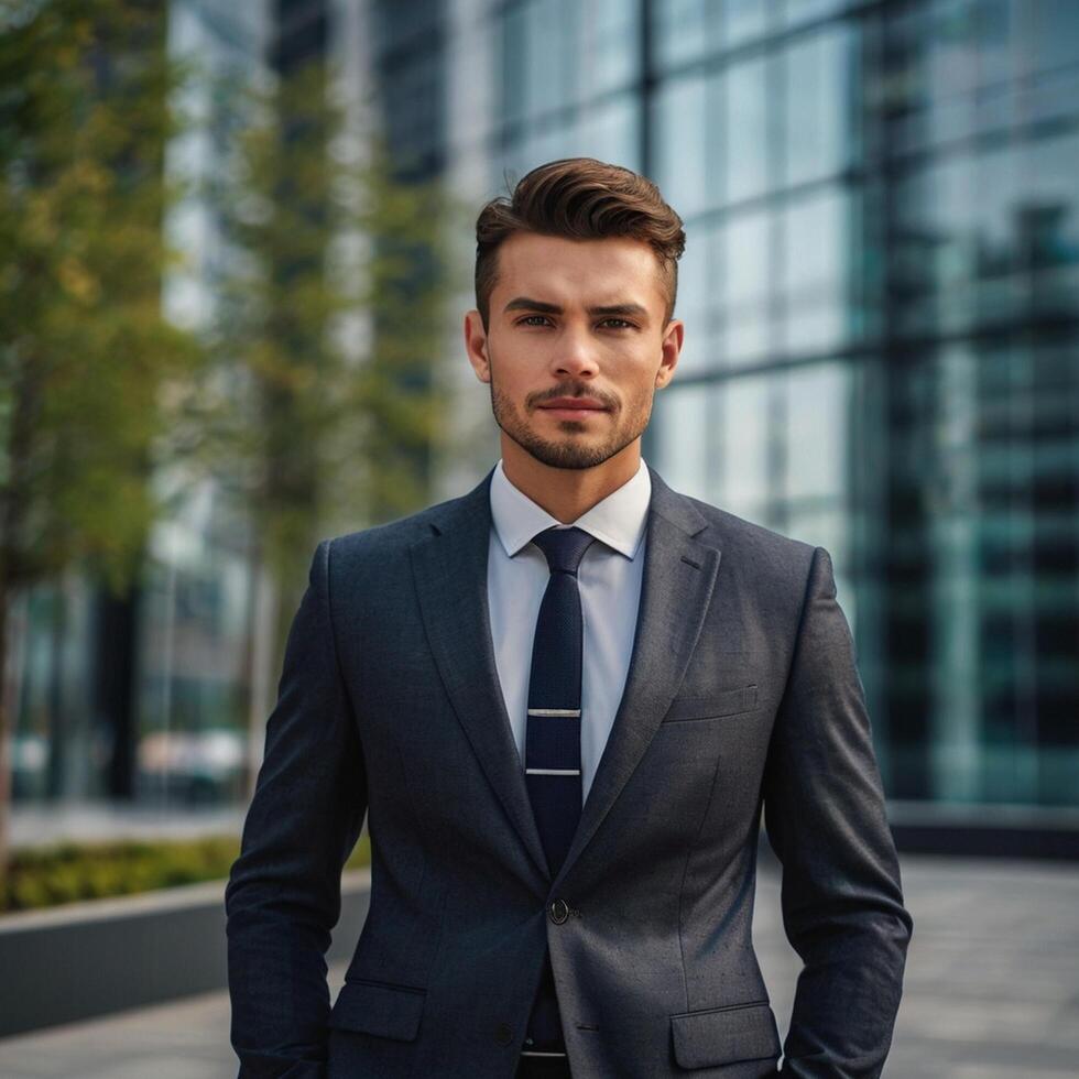 A man in a suit and tie standing in front of a building photo