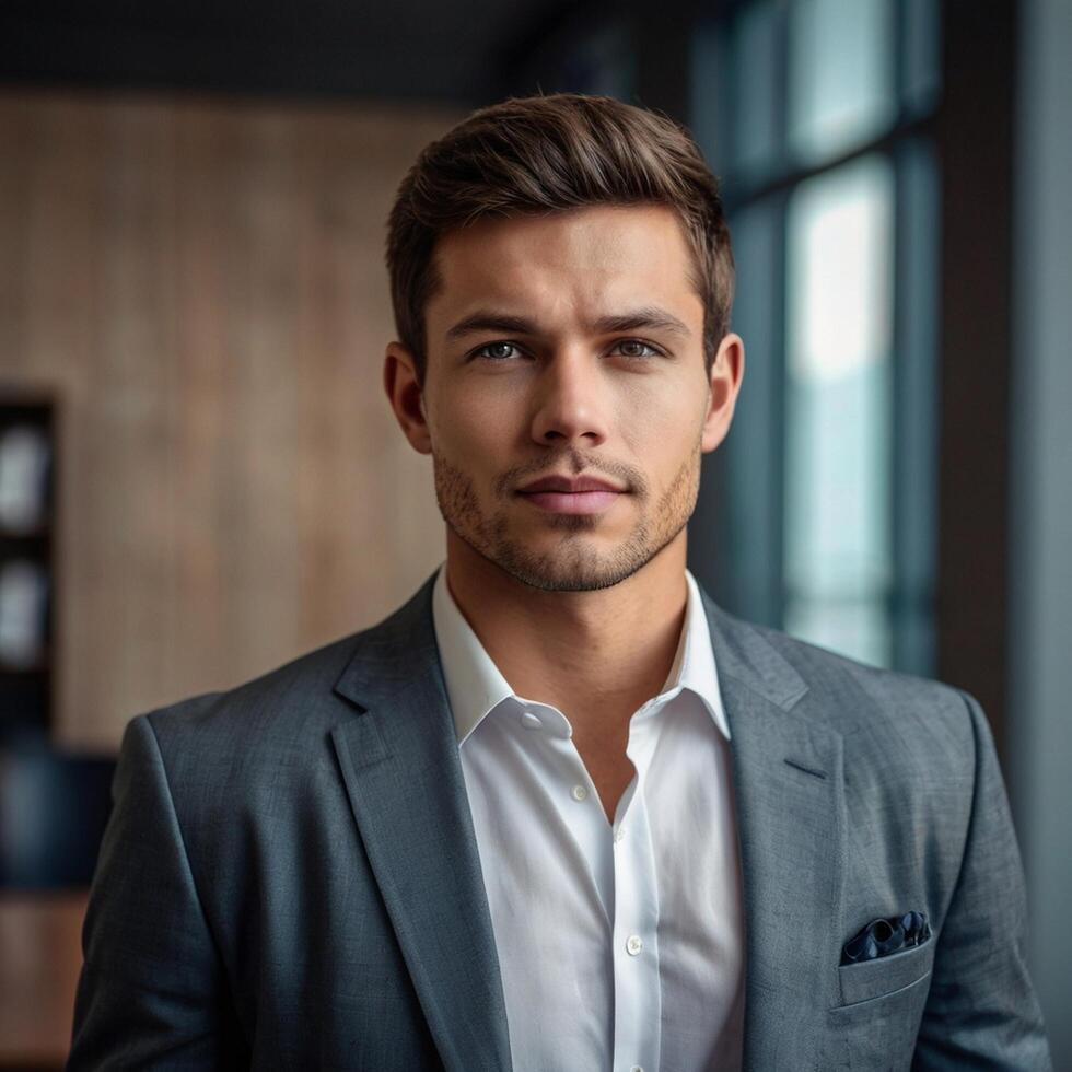 A man in a suit standing in front of a window photo
