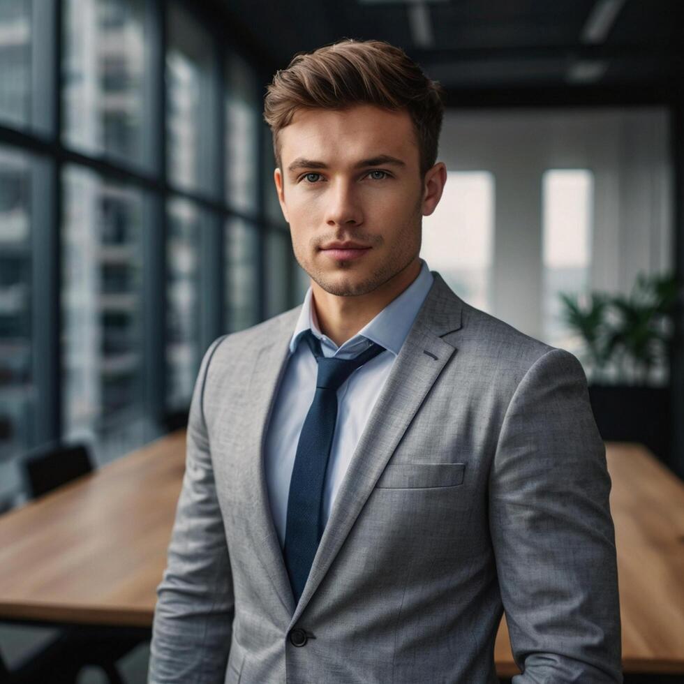 A man in a suit standing in front of a window photo