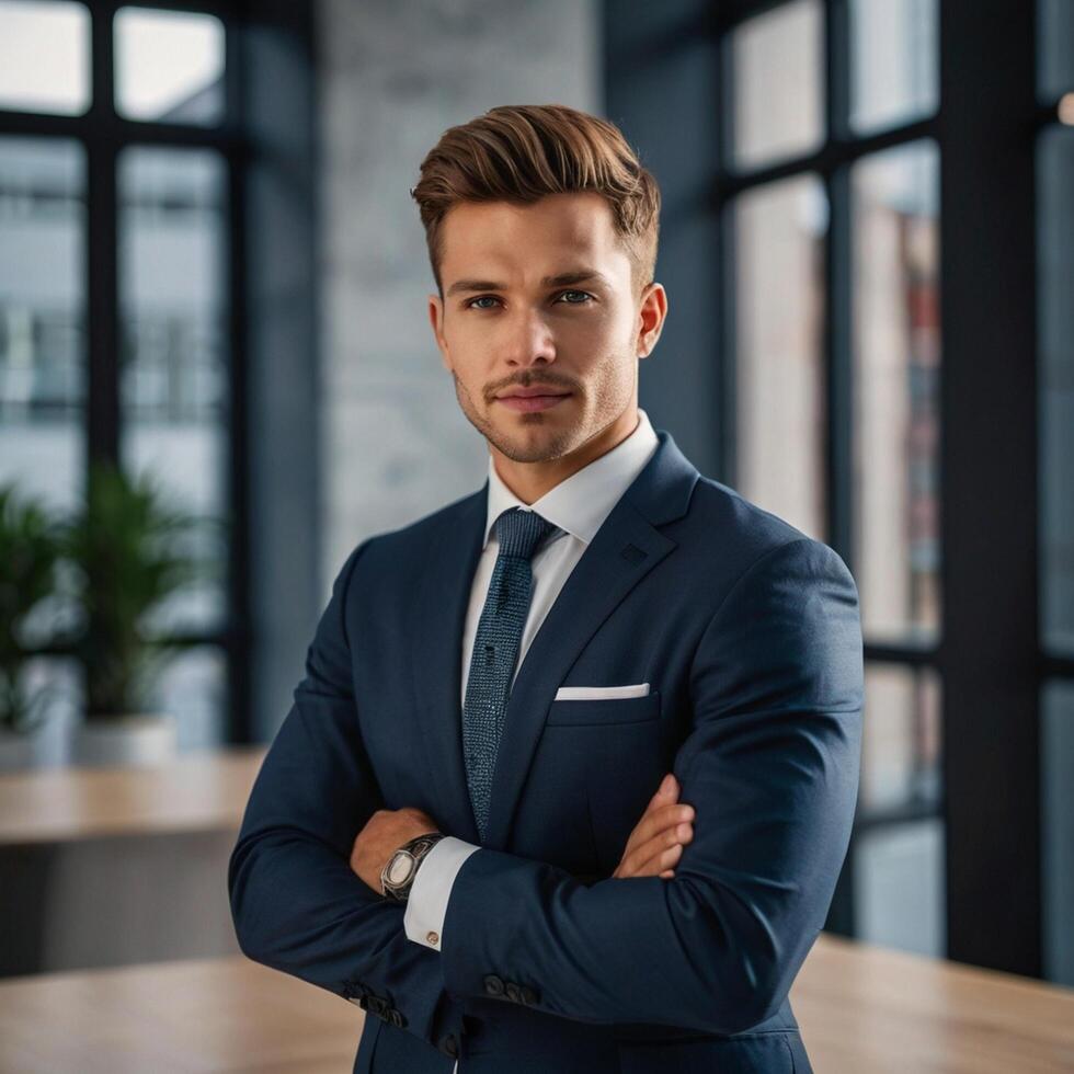 A man in a suit standing in front of a window photo