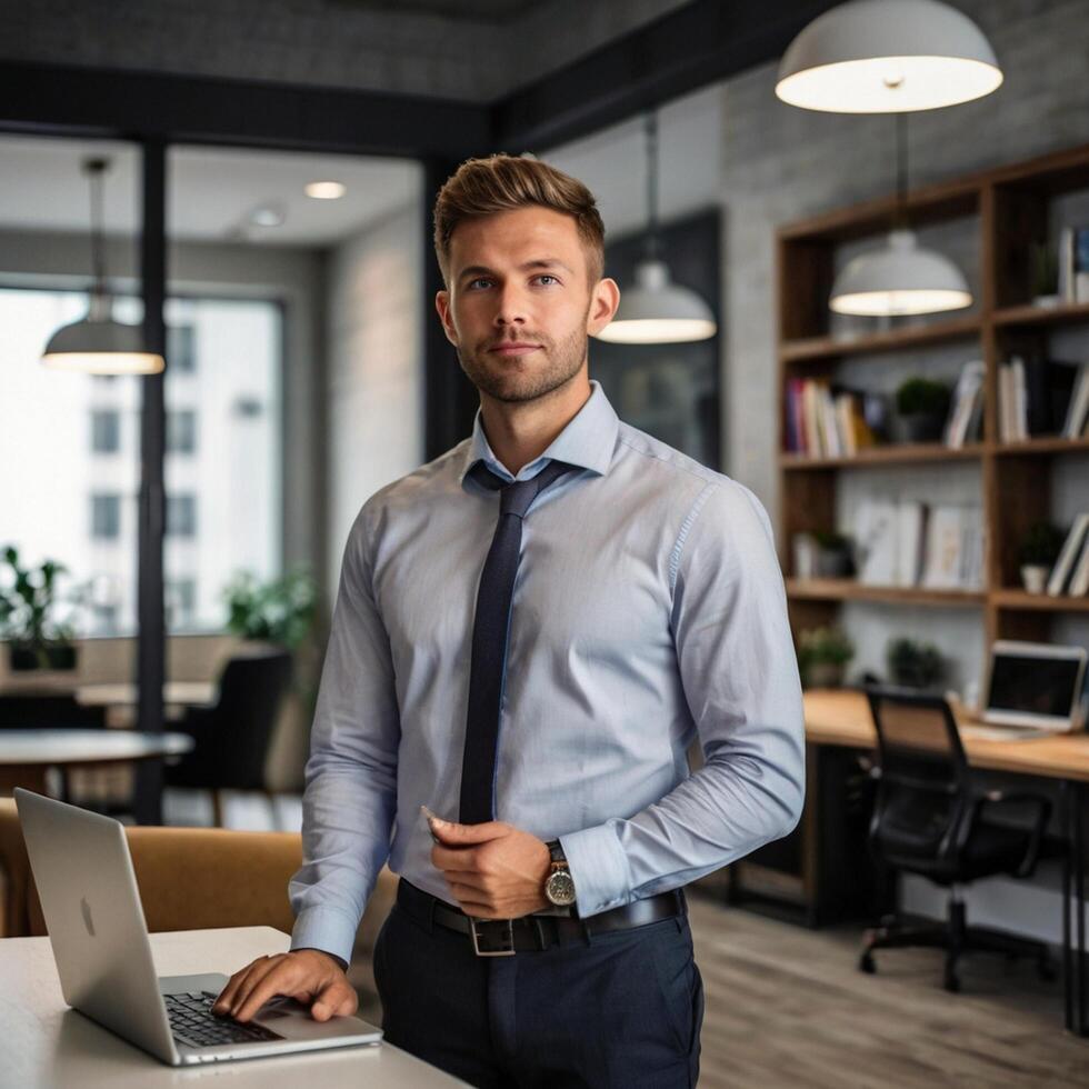 A man in a shirt and tie standing in front of a laptop photo