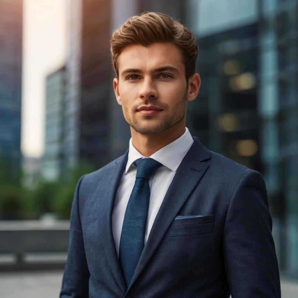 A young man in a suit and tie standing in front of a building photo