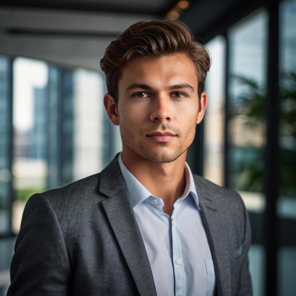A young man in a suit standing in front of a window photo