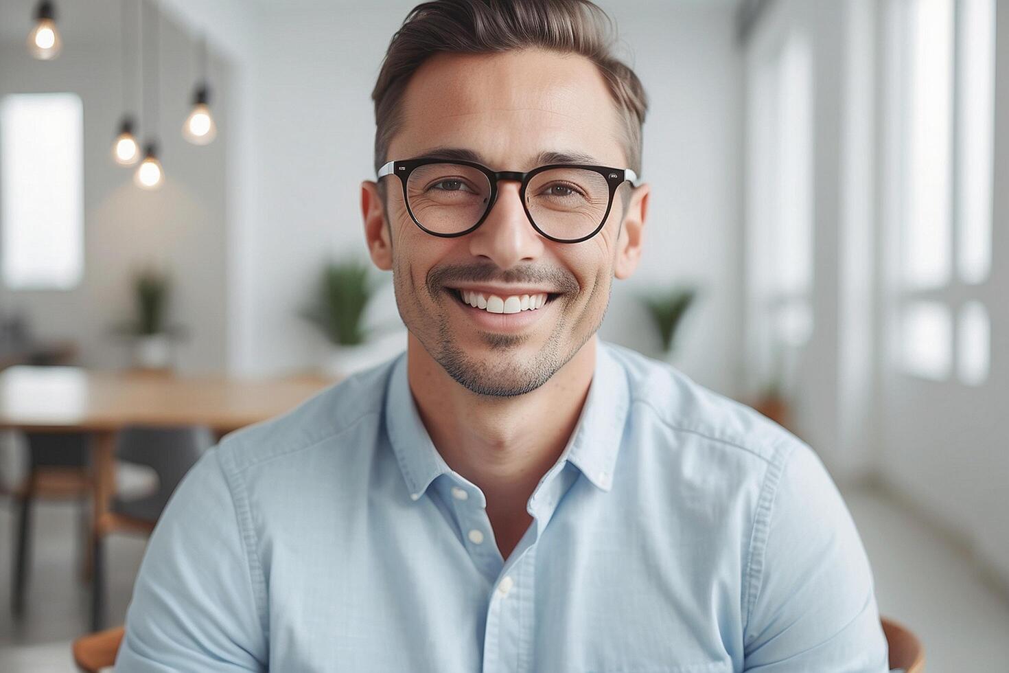A man with glasses and a blue shirt is smiling photo