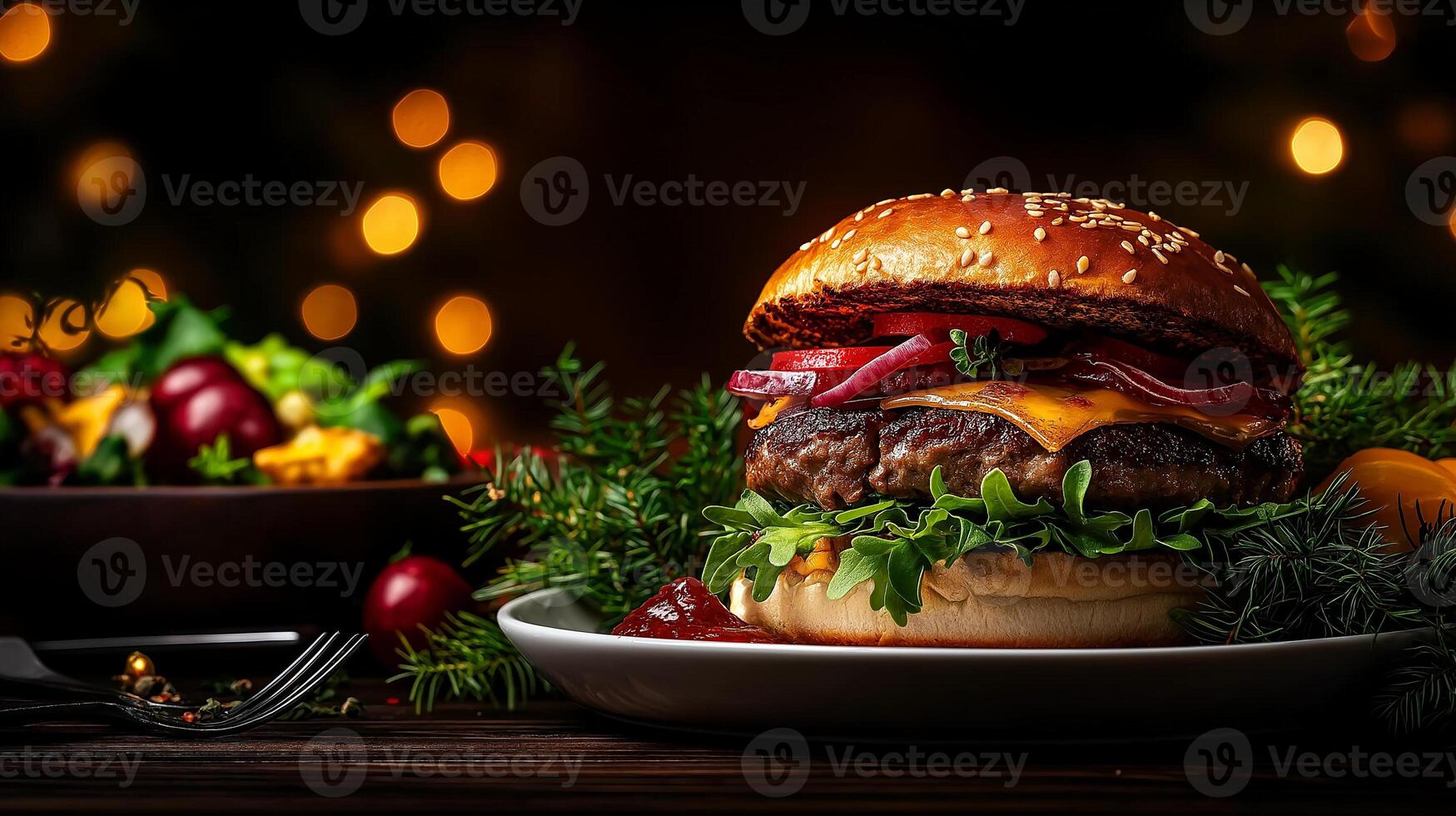 delicious burger with cheese, lettuce, and tomato on sesame seed bun, served with side salad, creating festive atmosphere with warm lights photo