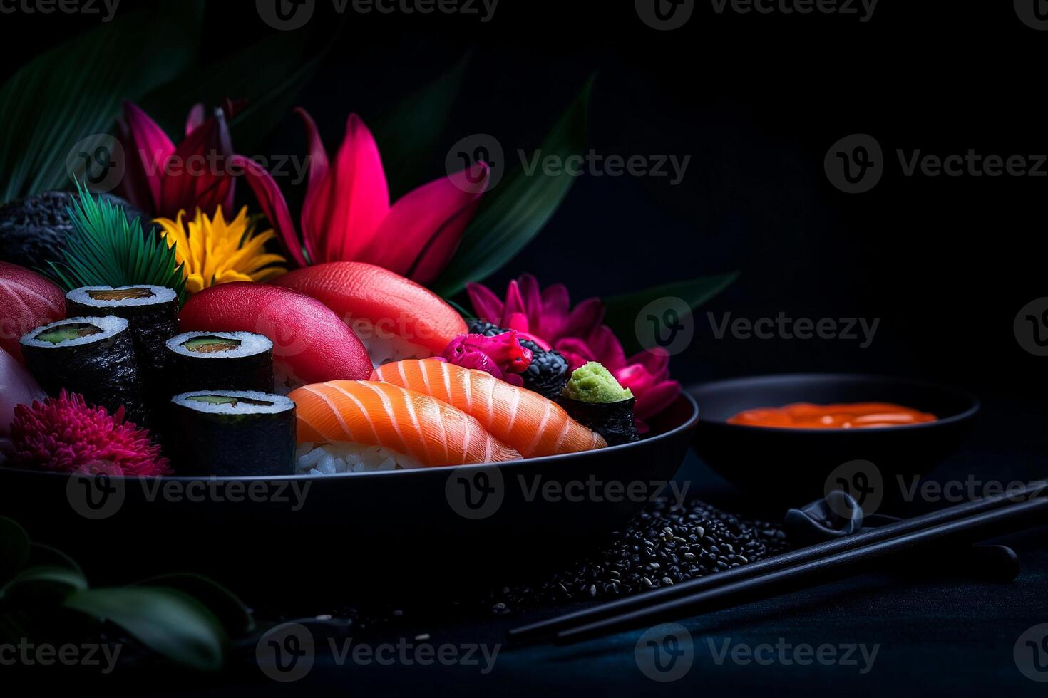colorful plate of sushi featuring various types, including salmon, tuna, and rolls, garnished with vibrant flowers and served with dipping sauce photo