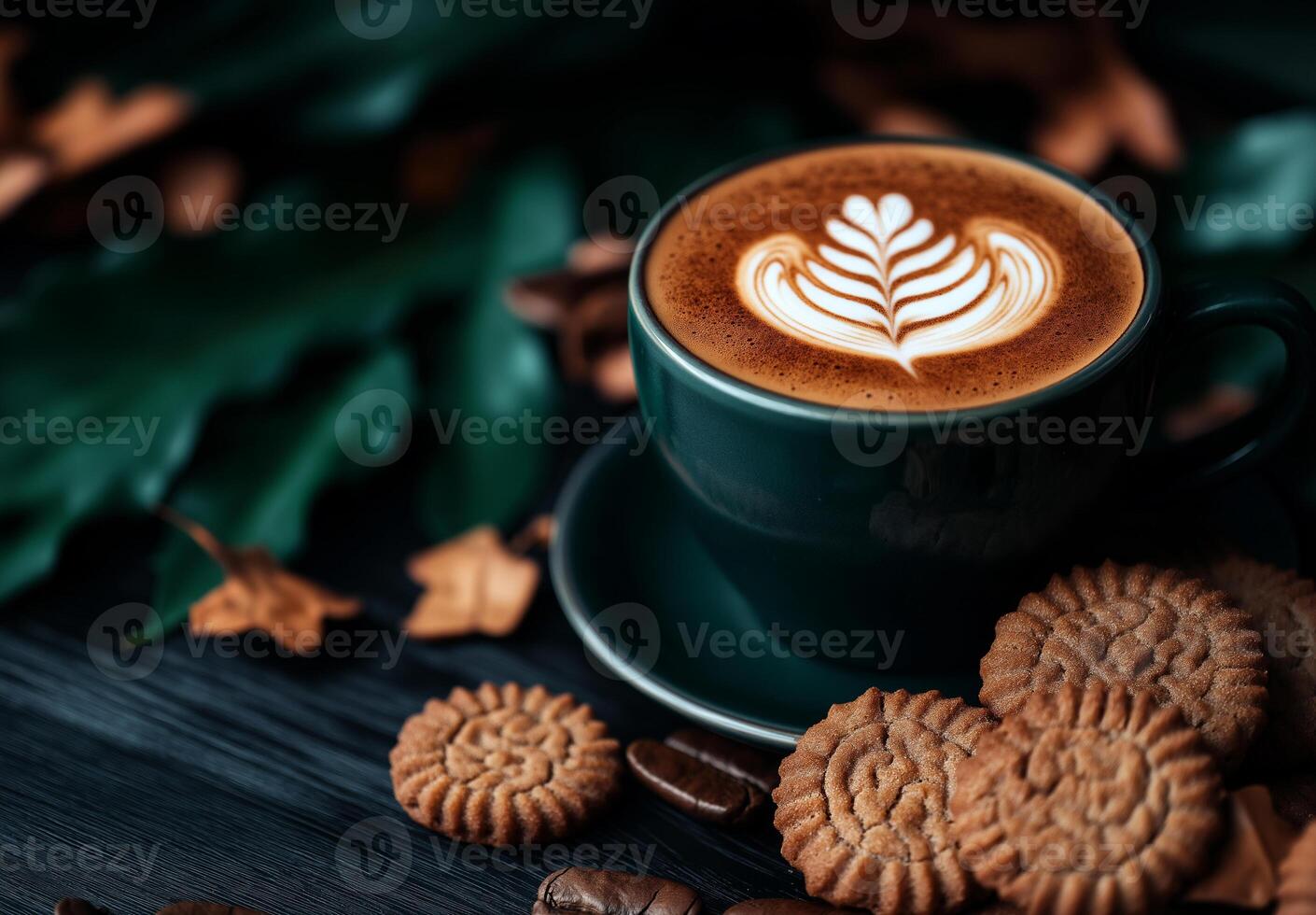 cup of cappuccino coffee with latte art, surrounded by cookies and coffee beans, evokes cozy atmosphere. Perfect for relaxing moment photo