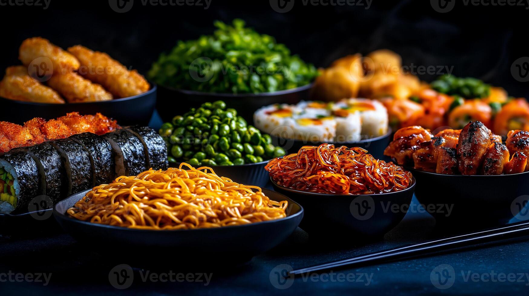 vibrant and colorful array of Asian dishes including noodles, sushi, and vegetables, showcasing delightful culinary experience. Perfect for food lovers and cultural enthusiasts photo