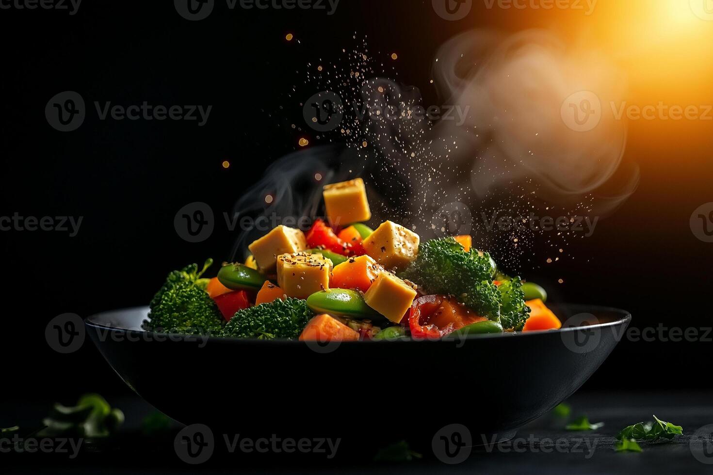 steaming bowl of mixed vegetables featuring broccoli, bell peppers, and sweet potatoes, garnished with spices, creating vibrant and appetizing dish photo