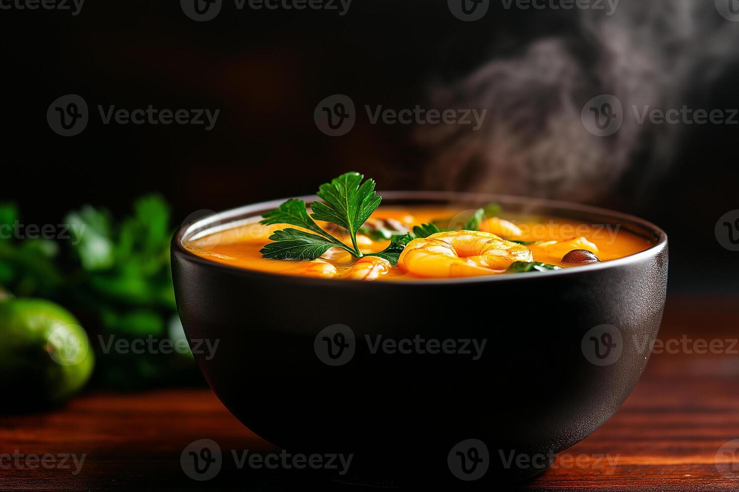 steaming bowl of shrimp soup with mushrooms and lime, garnished with fresh herbs, evokes warmth and comfort. Perfect for cozy meal photo