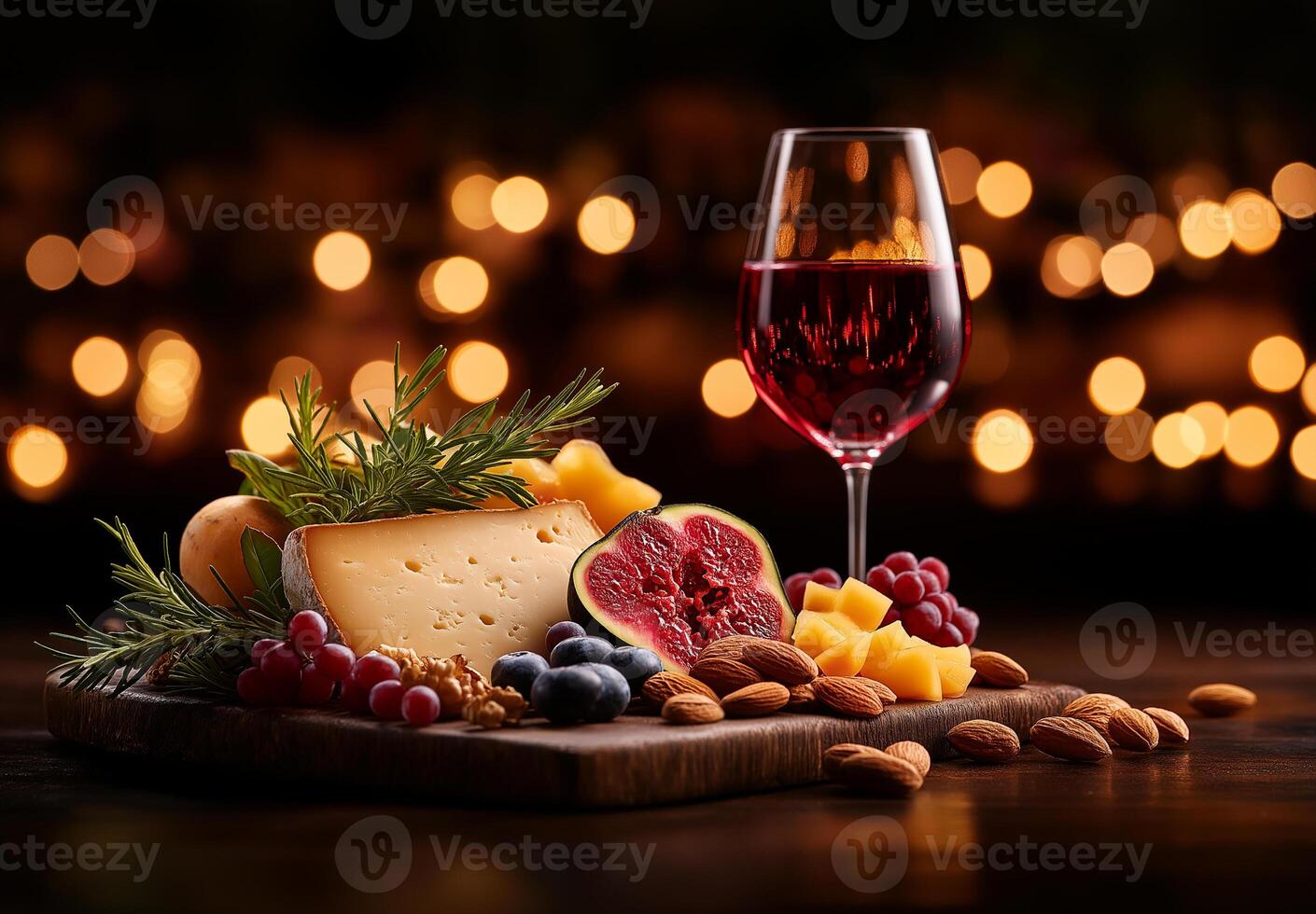beautifully arranged culinary platter featuring various cheeses, nuts, and fruits, complemented by glass of red wine, creating warm and inviting atmosphere photo