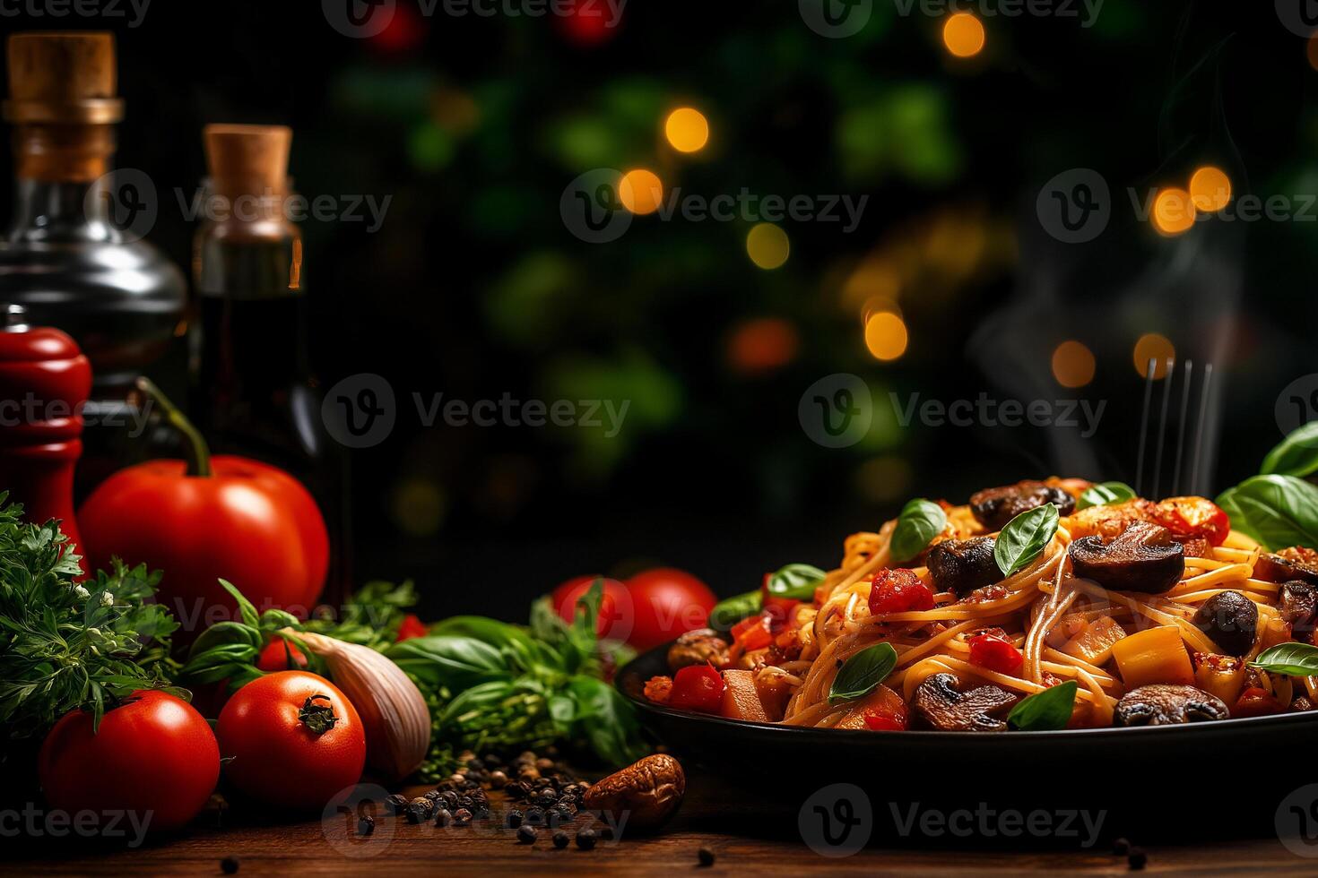 Delicious spaghetti with roasted vegetables and mushrooms, garnished with fresh basil, surrounded by vibrant tomatoes and herbs, creating warm and inviting atmosphere photo