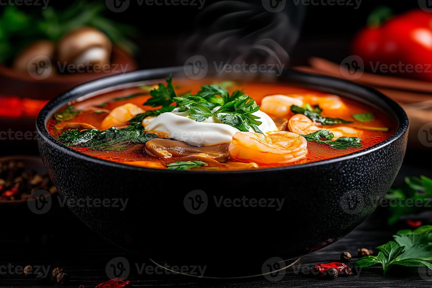 bowl of Tom Yum Goong soup, traditional Thai dish, featuring shrimp, mushrooms, and fresh herbs, garnished with sour cream, exuding warmth and flavor photo